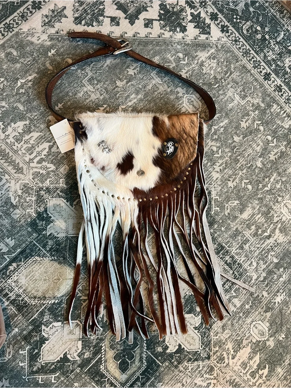 Fringed Cowhide Crossbody Bag in Brown and White